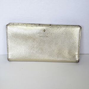 Kate Spade Clutch Wallet Gold Metalic Saffiano Leather Logo Large Bifold Logo